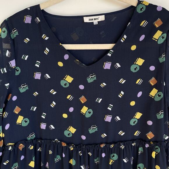 Jian Ruyi 2XL Blue Printed Semi Sheer Tiered Midi Dress Sheer Puff Sleeves - Picture 2 of 11